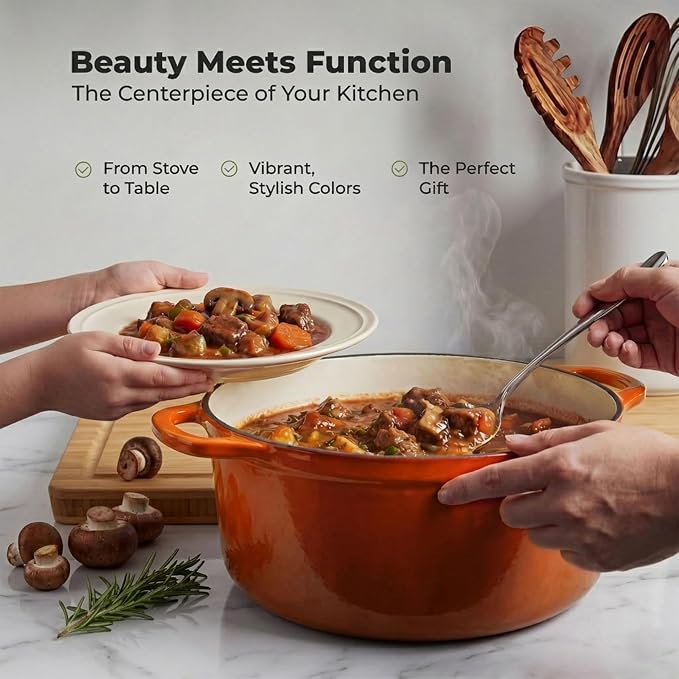 Zulay Kitchen 6 Quart Enameled Cast Iron Dutch Oven Pot with Lid – Premium Durability & Oven Safe up to 500°F – Heavy Duty Cookware Perfect for Bread Baking, Stews, Braising & Roasting – Orange