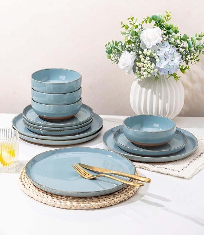 AmorArc Dinnerware Sets for 4, 12 Pieces Ceramic Plates and Bowls Set | Scratch Resistant Stoneware Dishes Set, Dishwasher & Microwave Safe, Stone Blue