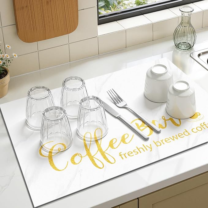 Findosom Dish Drying Mat, 18" x 24" Super Absorbent & Hide Stain Coffee Mat, Cuttable Drying Mat for Kitchen Counter, Coffee Bar Accessories, Under Dish Rack, Coffee Maker, Espresso Machine, White