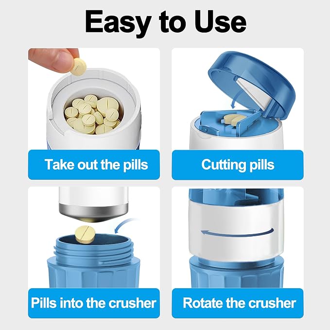 DUBSTAR 3-in-1 Pill Crusher Fine Powder Pill Grinder Pill Cutter Blue | Pill Crushers for Elderly and Pet with Pill Storage and Brush, Pill Splitter for Small or Large Pills