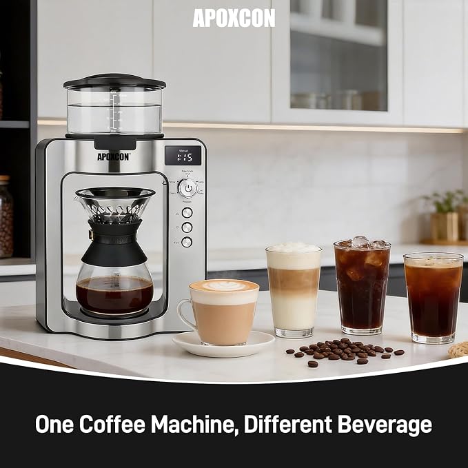 APOXCON Drip Coffee Maker, Automatic Pour Over Coffee Machine with Natural Filters for Home Brewer, Programmable Coffee Dripper with Built‑in Scale & Adjustable Strength, Single Serve or Full Carafe