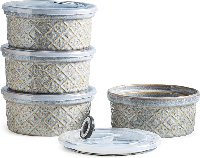 Ceramic Bowls with Lids set of 4, Soup Bowls, 28 oz Ramekins Baking Dishes for Kitchen, Food Storage Container Bowls Oven Safe, Bowls for Salad, Snack, Oatmeal, Fruit, Gifts, Grey