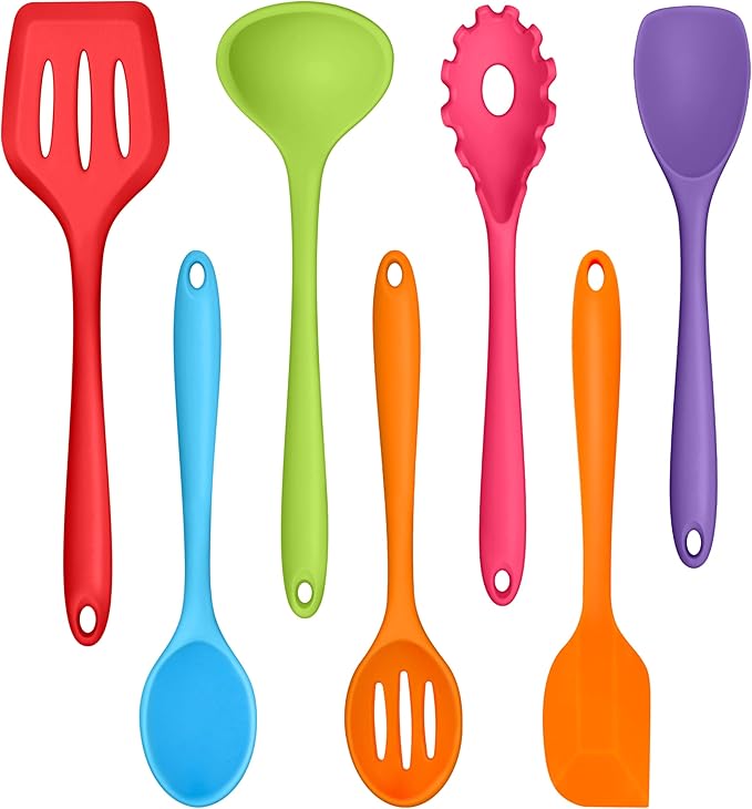 TeamFar Silicone Cooking Utensil Set of 7, Kitchen Cooking Utensil Set | Multi-Color Kitchen Tools Turner Spoon Spatula Ladle for Nonstick Cookware, Healthy & Heat Resistant & Dishwasher Safe