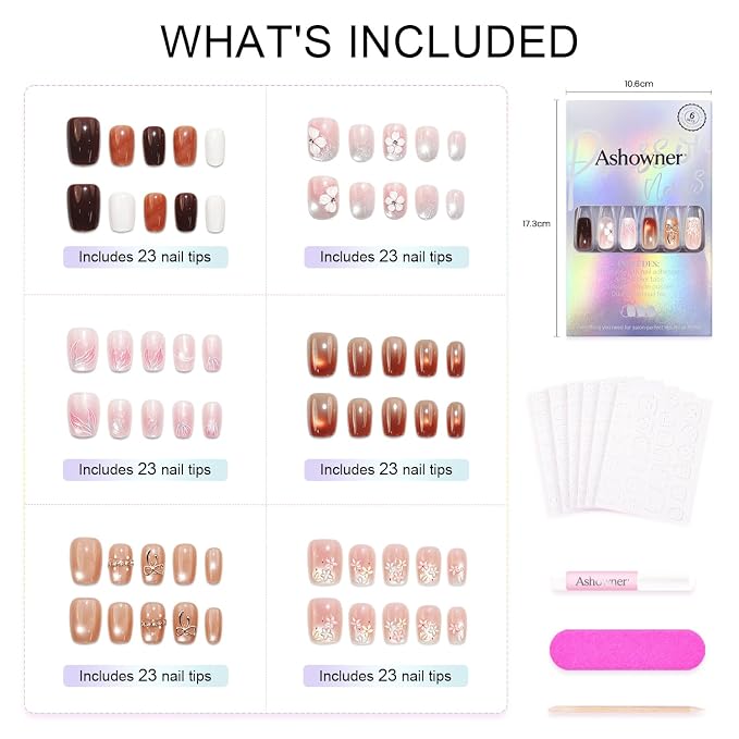 6 Packs (144 Pcs) | Reusable Press on Nails | cute nails | 6-Style Bundle | 12 Sizes | Each Style 24 Pcs | Blush Pink Bow Cat Eye