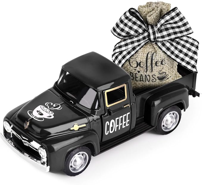 Hooqict Coffee Bar Decor Mini Metal Black Truck with Beans Burlap Sack for Home Farmhouse Kitchen Tiered Tray Decor Coffee Bar Accessories Coffee Station Decorations
