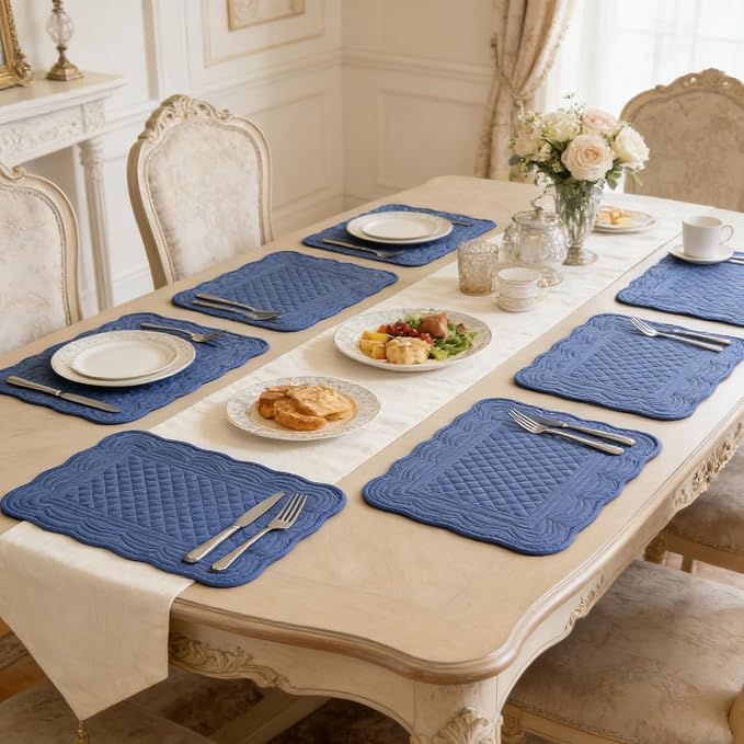 Quilted Placemats Set of 4 18"X13" Cotton Placemats Washable Cloth Table Mats for Kitchen Table (Dark Blue)