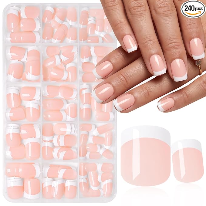 240pc Short Square French Tip Press on Nails Nude Fake Nails with Glue Tabs | Short Nails Press ons Square Glue on Nails Acrylic Nails Stick False Nail Artificial Fingernail for Women Girls