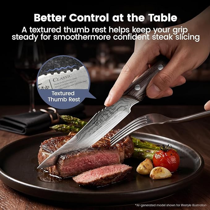 2026 Upgrade Steak Knives Set of 6 with Acacia Wood Foldable Block | 4.8 Inch Non Serrated Stainless Steel Dinner Knives, Full Tang Wenge Wood Handle, Damascus Pattern, Sharp Blade, Ideal Gift