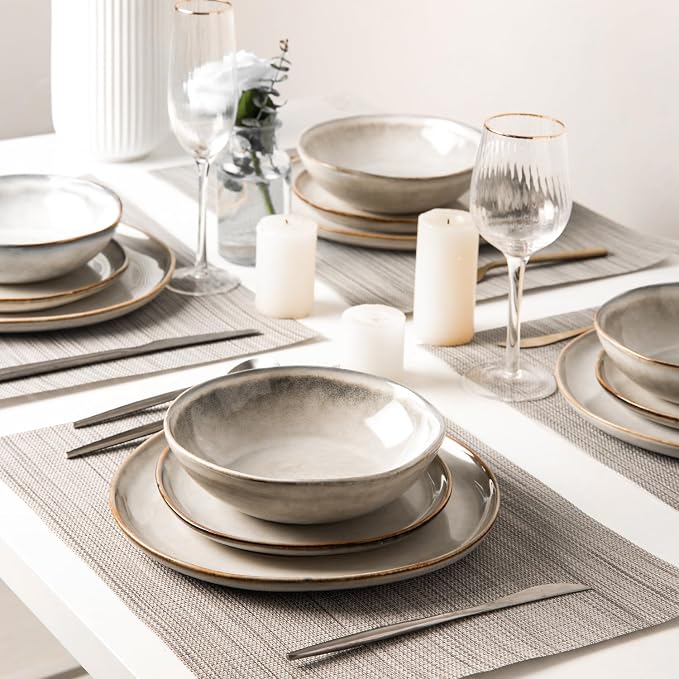 AmorArc Ceramic Dinnerware Sets for 8, 24Pcs Plates and Bowls Sets Dishes | Stoneware Handmade Reactive Glaze Dinner Set, Highly Scratch Resistant | Dishwasher & Microwave Safe Dishware-Cappuccino