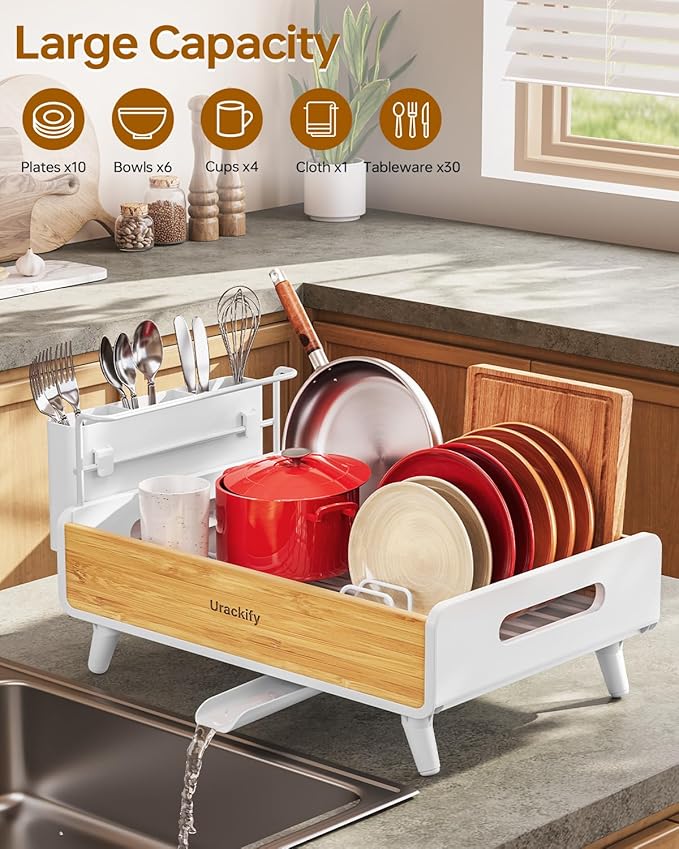 Urackify Modern Dish Rack for Kitchen Counter,Stainless Steel&Bamboo,White | Elegant Bamboo Accent, Large Capacity, Self-Draining Spout, Rust-Resistant, Removable Utensil Holder