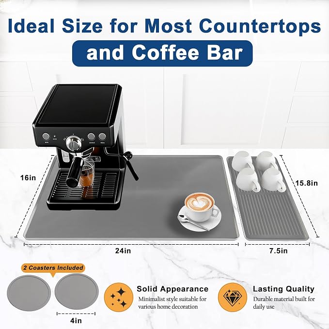 Mrcrypos Silicone Coffee Station Mat with Rasied Edges 16x24 Inch, Grey | Anti-Slip, Heat-Resistant, Spill-Proof, Bar Mat for Most Countertop & Espresso Machines, under Coffee Maker/Dish Rack