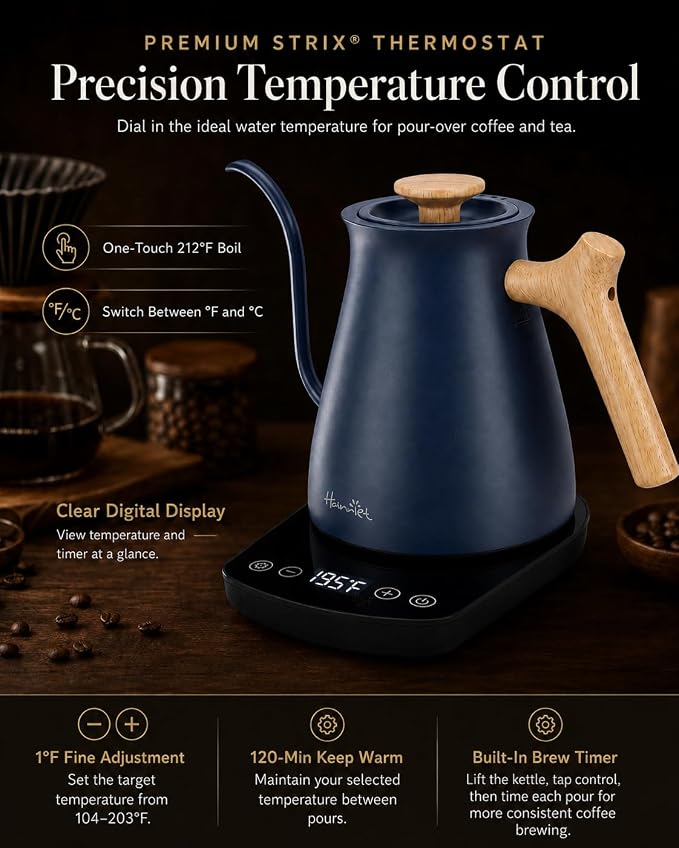 Harriet Gooseneck Electric Kettle, 0.8L, 1°F Control, Brew Timer | 120-Min Keep Warm, 104–203°F Control, Built-In Brew Timer, SUS304 Stainless Steel, Wood-Accent Handle for Pour-Over Coffee