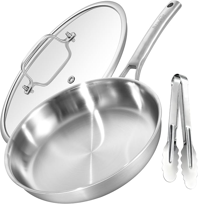 12 Inch Tri-Ply Stainless Steel Frying Pan with Lid & Kitchen Tongs | Induction Compatible Sauté Pan with Even Heat for Searing | Oven & Dishwasher Safe | Professional Restaurant Grade Cookware