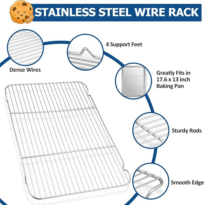 TeamFar Baking Sheet with Cooling Rack Set, 17.6 x 13 x 1 inch | Stainless Steel Half Size Baking Pan Cookie Sheet with Baking Rack, Non Toxic & Heavy Duty, Mirror Finish & Dishwasher Safe
