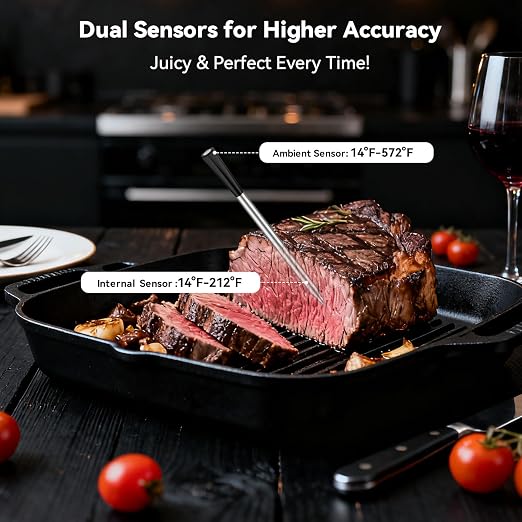 Smart Wireless Meat Thermometer, Dual Probes, Bluetooth App, IP67 BBQ Grill | Real-time temperature tracking and smart alerts for grilling, smoking, roasting and oven cooking.