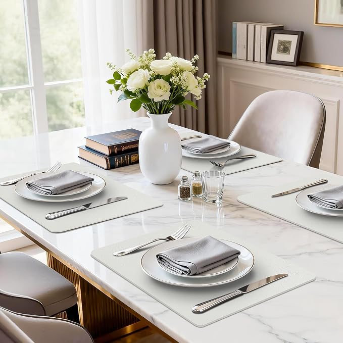 Faux Leather Placemats Set of 6 Heat Resistant Table Mats 17×12 Inch | Waterproof & Wipeable Place Mats Set of 6 Dual Sided Table Placemats for Kitchen Dining Decor Indoor & Outdoor 43×30 CM Cream