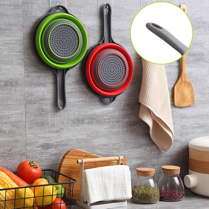 Foldable Silicone Strainer Colanders with Handles, Green and Red, 2 Pack | Collapsible Colanders, Space-Saver Folding Strainer, for Draining Pasta, Vegetable