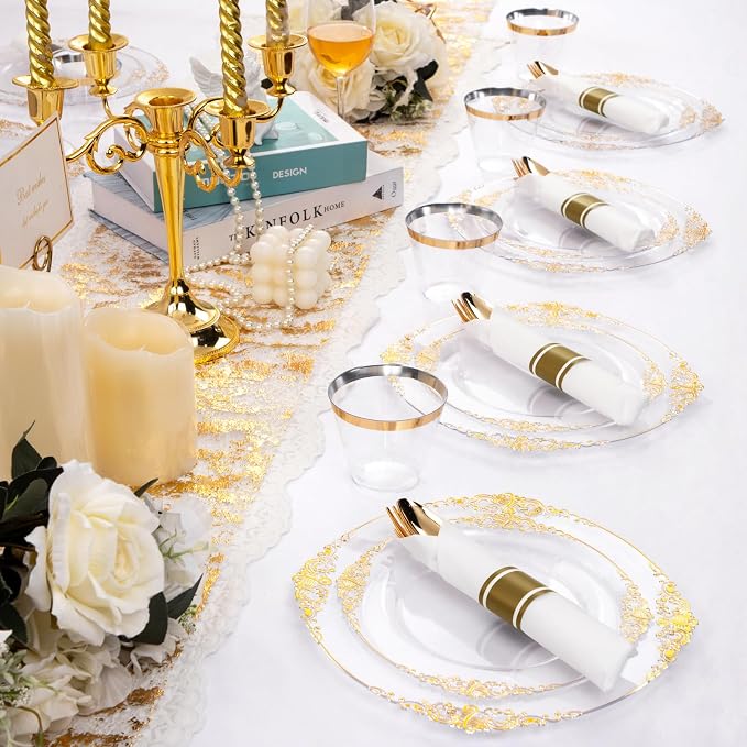 Nervure 175Pcs Clear Gold Plates, Disposable Party Plates for 25 Guests | 25 7.5" Dessert & 25 10.25" Dinner Disposable Plates, 75 Gold Cutlery, 25 9oz Cups, 25 Napkin for Wedding & Party, BPA-free