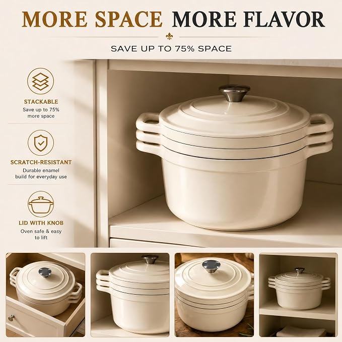 AHJ Enameled Cast Iron Dutch Oven Set - 4 Piece Cookware Set with Lids | 4.8Qt, 2.6Qt and 1.3Qt Dutch Ovens, Stackable Cast Iron Pots and Pans Sets for Bread Baking, Slow Cooking and Roasting, White