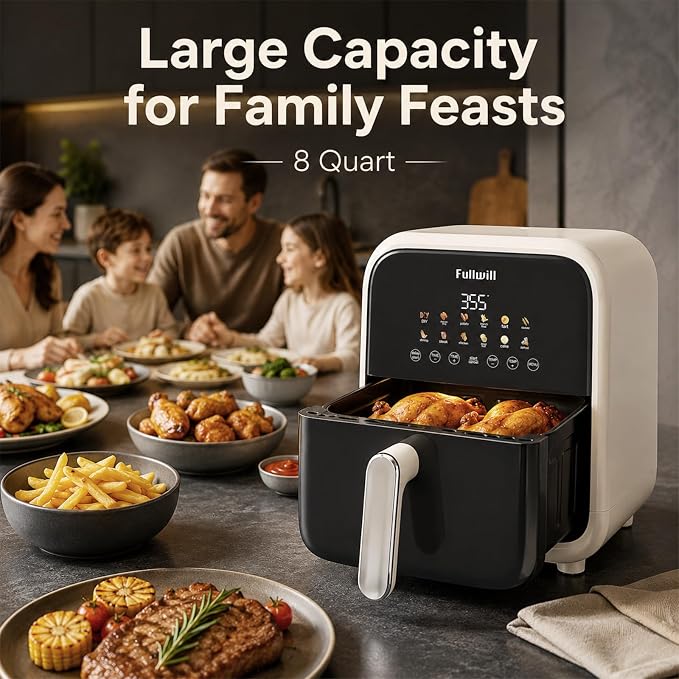 Fullwill Air Fryer with Visible Window, 7.5QT,12-in-1 Multi-Function Air Fry,Roast,Bake, Dehydrate, Fries,Nonstick and Dishwasher-Safe Basket,Family&friends Party,1700W,White