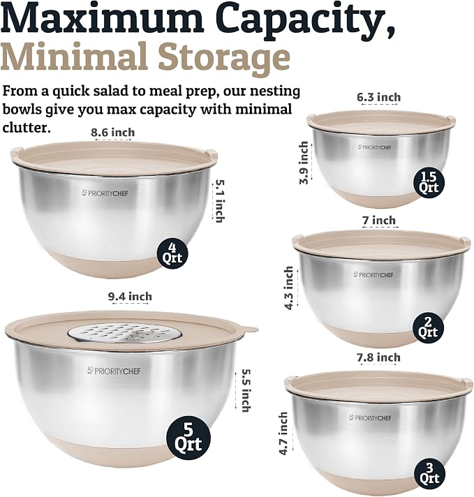 Stainless Steel Mixing Bowls with Lids Set, Metal Nesting Bowls with Airtight Lids, Graters, Non-Slip Base & Measurement Marks, Includes Utensil Set for Prep, Baking & Storage, Khaki