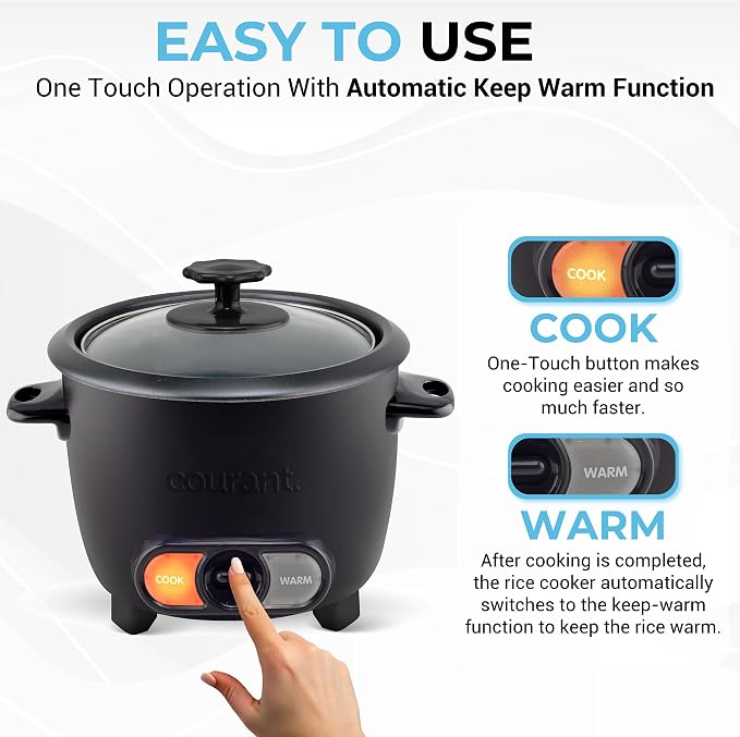 Courant Rice Cooker 6-Cup (Cooked), Removable Non-Stick Bowl, One Touch Rice Cooker,Black