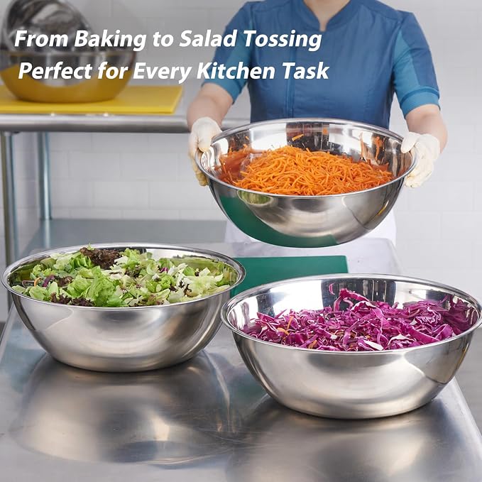 3 Piece Stainless Steel Mixing Bowls Set, 7.8/10/13.1 QT | Extra Large Stainless Steel Mixing Bowls Set, 7.8/10/13.1 QT, Nesting Metal Bowls with Flat Base for Baking, Dough & Catering