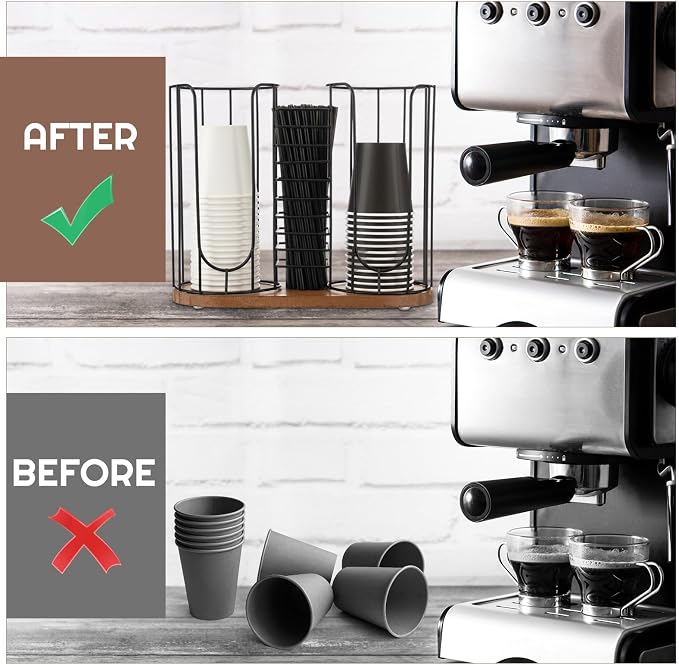 18oz Adjustable Coffee Cup Dispenser with Wooden Base, Cup and Lid Holder, Cups Holder Organizer for Coffee Pod Straw and Lid Storage(3-Compartment Single,Color 1)