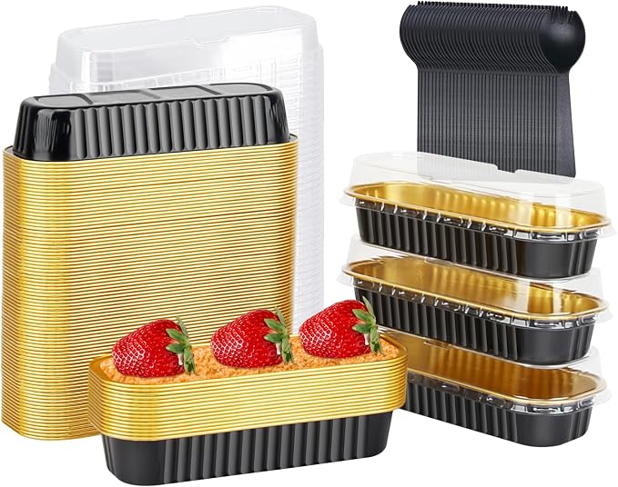 LNYZQUS Mini Loaf Pans with Lids 100 Pack, Small Foil Cake Tins | 6.8oz Rectangle, Black, Disposable Aluminum Baking Cups, Individual Dessert Containers for Bakery Bake Sales