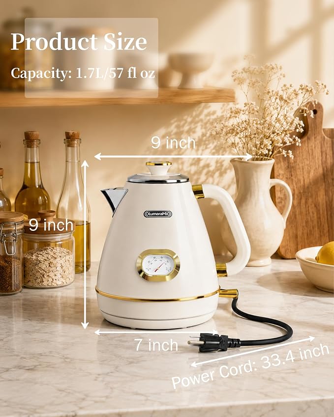 Olumaramio 1.7L Retro Electric Kettle with Thermometer, 1500W, Pearl White | 304 Stainless Steel, 1500W Fast Boiling, Auto Shut-Off, Boil-Dry Protection, BPA-Free