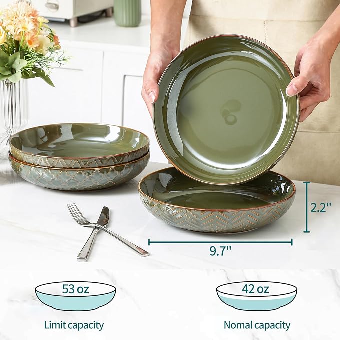 Sureasy 9.7" Pasta Bowls Set of 4, 42 oz Large Salad Bowls for Kitchen, Embossed Ceramic Serving Bowls for Fruits, Soup, Pasta and Salad, Microwave & Dishwasher Safe, Green
