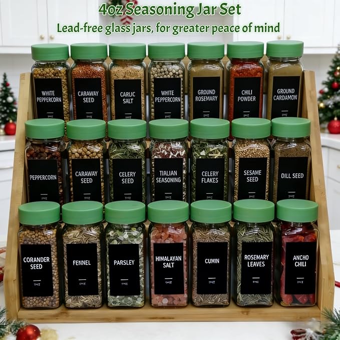 Spice Jars with Labels - 24 Glass Spice with Shaker Lids & Airtight Plastic Caps - 4oz Complete Seasoning Containers Organizer Set for Cabinet, Drawer & Rack (Green)