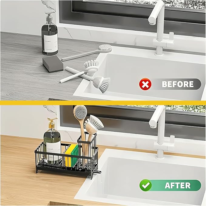 Sponge Holder for Kitchen Sink,5 in 1 Rustproof Stainless Steel Sink Caddy with Washing Cloth & Adhesive Hooks, Kitchen Sink Organizer with High Brush Holder and Soap Holder for Kitchen Sink | Adjustable, Automatic Drainage