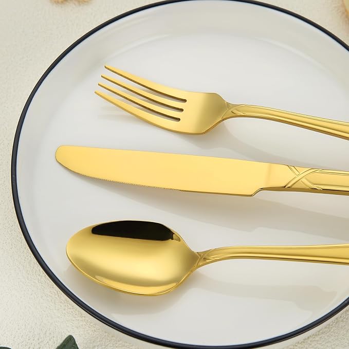 30-Piece Gold Silverware Set, Stainless Steel Flatware Set Cutlery Set include Knives, Forks and Spoons Service for 6, Mirror Polished