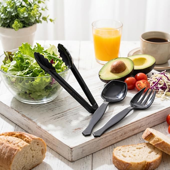 Mwellewm Plastic Serving Utensils Set Disposable Tongs Spoons for Buffet | Heavy Duty, BPA free, Black, Large 18Pcs Party Catering Supplies Buffet Display Utensils for Restaurant, Wedding,Banquet,Food