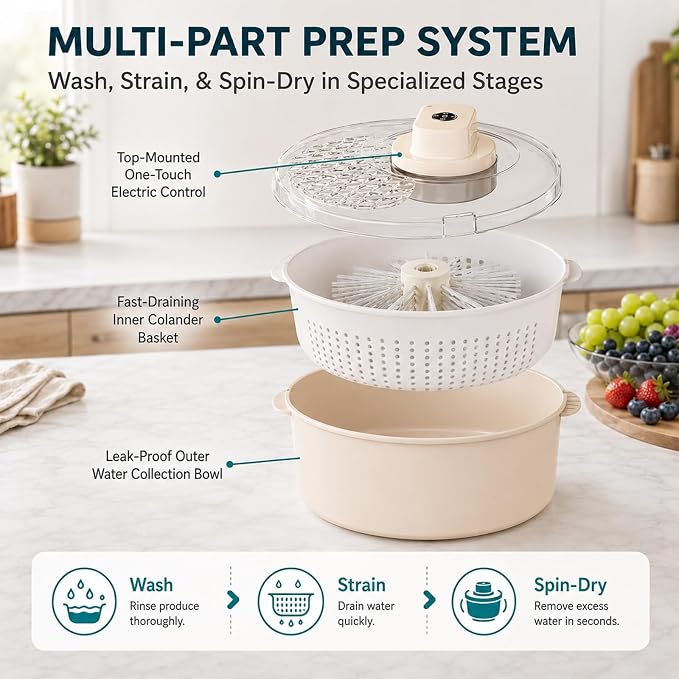 Electric Fruit Cleaner Spinner, 2-in-1 Salad Spinner, Strainer & Food Dryer, Multifunctional Fruit & Vegetable Washing Spinner Bowl, Home One-Touch Cordless Produce Cleaner Device (Beige,Manual)