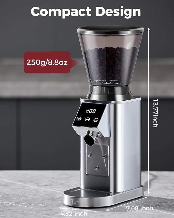 Tuni G1 Conical Burr Coffee Grinder with 48 Grind Settings, Silver | Anti-static Burr Espresso Mill, Electronic Timer and LED Touchscreen for Drip/Cold Brew/French Press, Stainless Steel