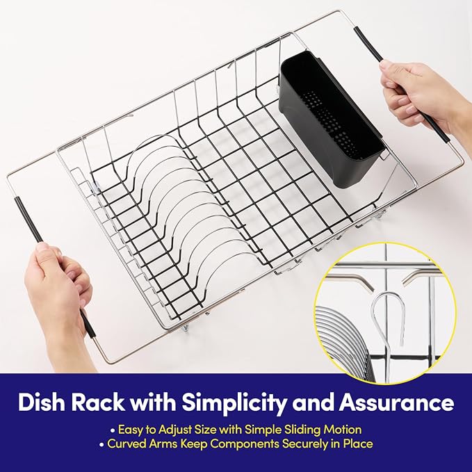 Dish Drying Rack Over The Sink Expandable to 24.5" Dish Drainer — Space-Saving Rectangular Kitchen Extending Drying Station with Utensil Holder, Fits Most Sinks for Easy Dish Organization, Black