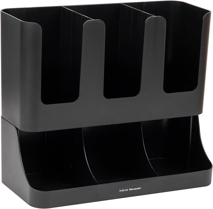 Mind Reader Condiment Station, 13 Inch Countertop Coffee Bar Organizer with 6 Compartments, Storage Caddy for Cups, Lids and Packets, Plastic, Black