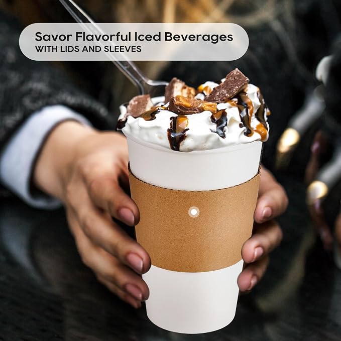 JOLLY PARTY [50 Pack] 16 oz Paper Coffee Cups, Disposable Paper Coffee Cup with Lids, Sleeves, and Stirrers, Hot/Cold Beverage Drinking Cup for Water, Juice or Tea, Suitable for Home, Shops and Cafes