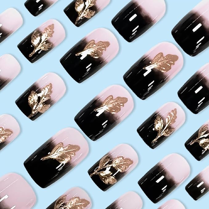 24 Pcs Fall Press on Nails Medium Square Fake Nails with Leaves Designs Nails Press ons Black Pink Gold Acrylic Nails Glossy Stick on Nails for Women