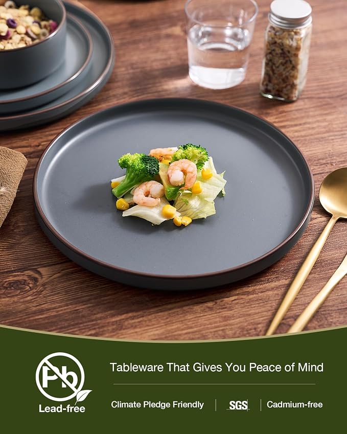 Famiware Nebula Ridge 16-Piece Dinnerware Set with Pasta Bowls, Charcoal | Stoneware Plates and Bowls for 4, Warm Hand-Painted Rims, Microwave and Dishwasher Safe
