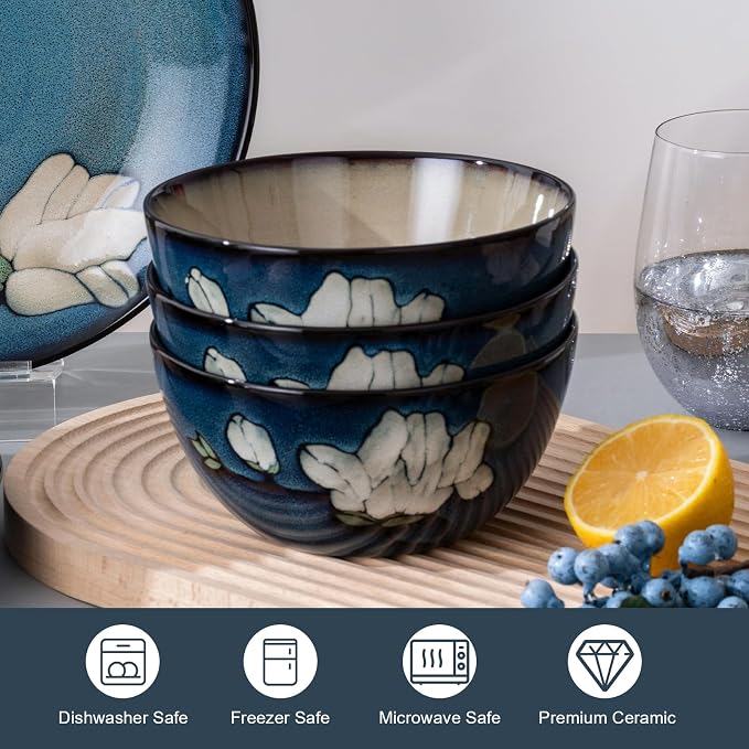 Dinnerware Set Blue Stoneware 12 Pieces Service for 4, Stoneware Plates and Bowls Set Stoneware Set, Dishwasher Microwave Safe Dishes set
