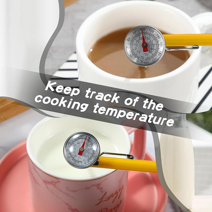 Xuhal 6 Pcs Stainless Steel Kitchen Thermometer with 5 Inch Long Stem 1 Inch Dial Thermometer Milk Frothing Food for Oven Probe Meat Grill BBQ Cooking Chocolate Water(Yellow)