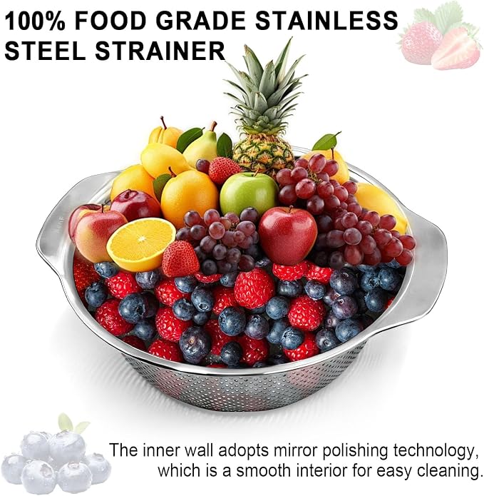 Stainless Steel Colander, 2.5 QT 9.85 Inch Colander for Kitchen with Handle | 304 Strainers and Colanders, Rice Strainer with Mixing & Washing Bowl for Washing Vegetables, Fruits, Rice and Pasta
