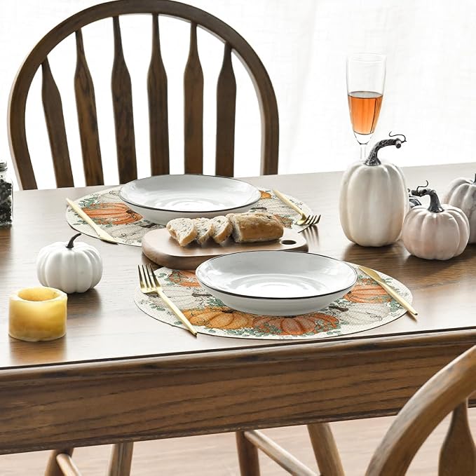 Artoid Mode Pumpkin Eucalyptus Round Fall Placemats Set of 4-14 Inch | Heat-Resistant, Washable Table Mats, Seasonal Autumn Kitchen Dining Decor