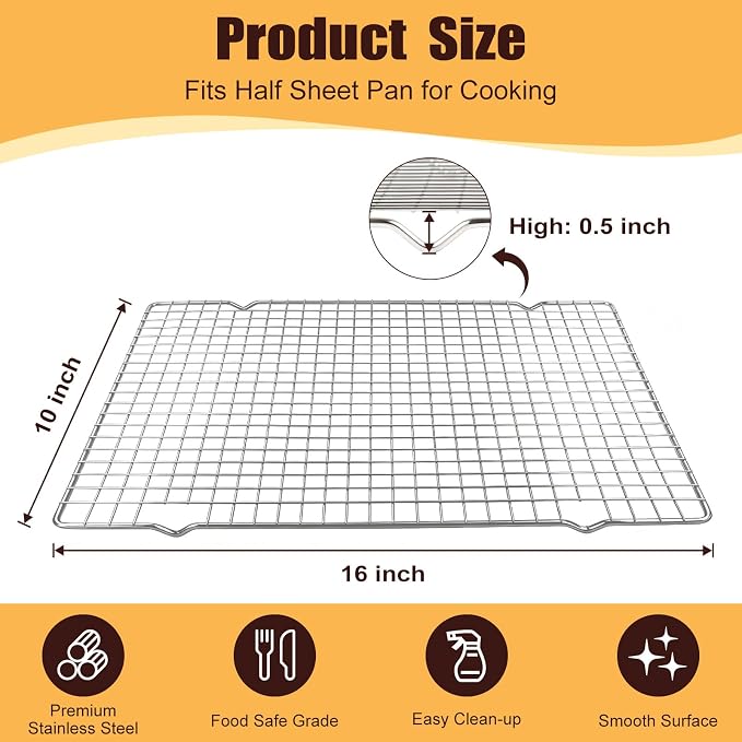 Cooling Racks for Cooking and Baking – 2 PCS 10" x 16" Heavy Duty 304 Stainless Steel Wire Rack, Oven & Dishwasher Safe Baking Cooling Rack for Grilling, Roasting – Fits Half Sheet Pan