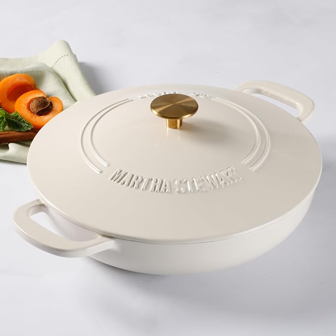 Martha Stewart Gatwick 3.5-Quart Enameled Cast Iron Dutch Oven Braiser – Linen with Gold Knob – Durable Heavy-Duty Braising Pot for Slow Cooking and Searing