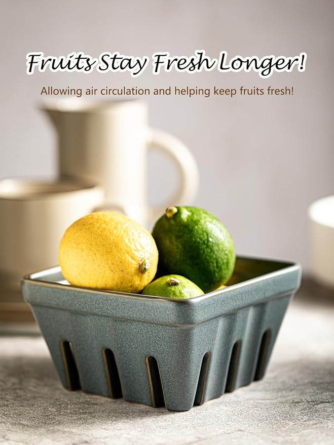 Gomakren Fruit Basket for Kitchen, Berry Washing Bowl, Ceramic Berry Basket Set of 2, Fruit Bowl with Holes, 5.7 Inch Square Berry Containers for Fridge, Table, Modern Kitchen Decor, Slate Blue