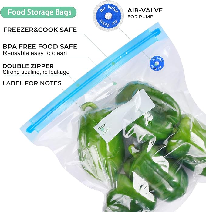 Sous Vide Bags Reusable 27Pcs, BPA Free Food Vacuum Sealer Bag, Food Storage Bags, Vacuum Zipper Bags for Sous Cooking - 20Pcs Vacuum Food Sealer Bag & 5 Air Valves & 2 Seal Clips (13.5X10 in) 4.3L